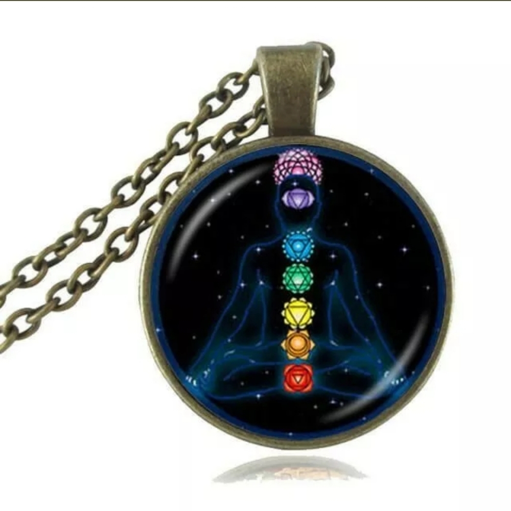 Gold Meditation Chakra Glass Pendant Ohm Healing